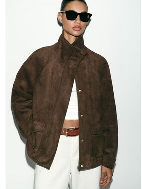 NWT Zara Faux Suede High Collar Full Zip Jacket Sz:M Dark Brown